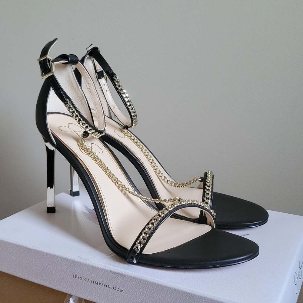 Jessica Simpson Qiven Chain T-Strap Dress Sandals,Black/Gold,9.5 - Picture 12 of 16